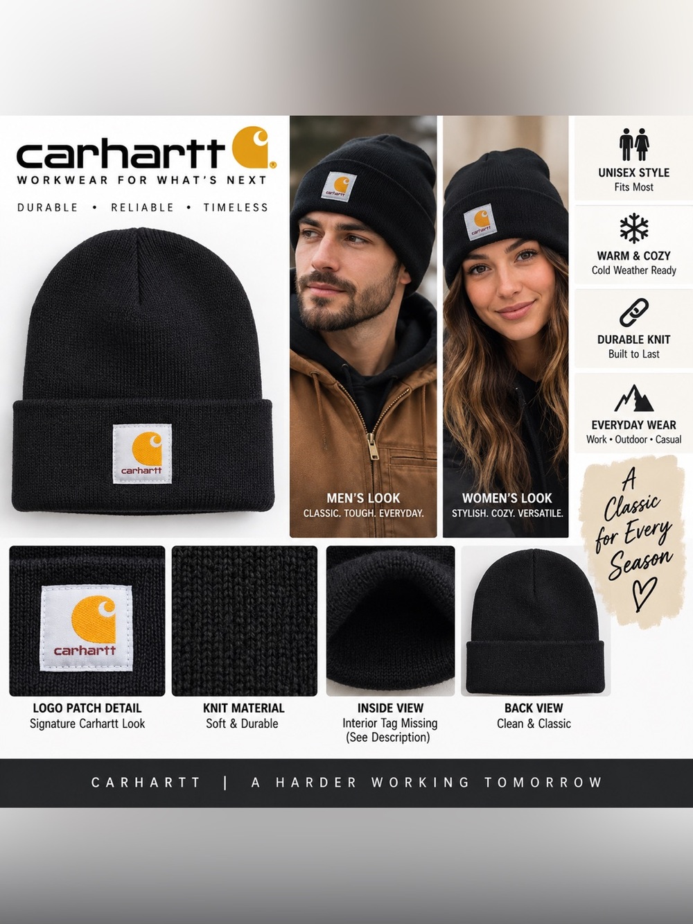 Carhartt Black Cuffed Knit Beanie Watch Cap Logo Patch Unisex